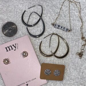5 Pieces of Jewelry- Gold & Silver Hoop Earrings Set, Pavé Diamond Studs + More